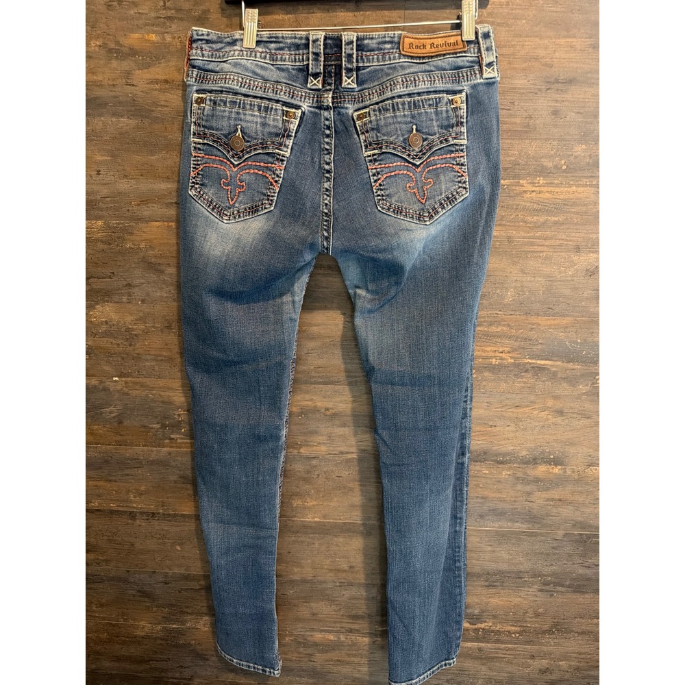 Rock Revival Alivia Skinny Jeans Mens 32 Medium Wash Distressed Embroidered Flap